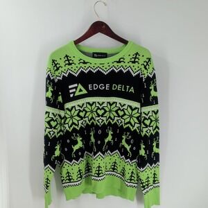 Edge Delta Reindeer All Over Crew Neck Pullover Sweater‎ Neon Green Black Size L